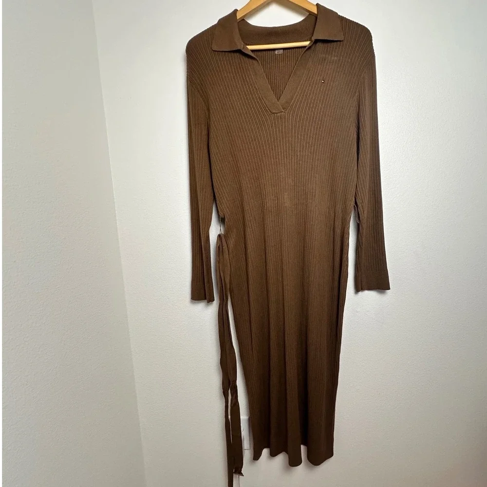 Tommy Hilfiger Brown Rib Knit Polo Midi Dress Long Sleeve Belted‎ Large Preppy